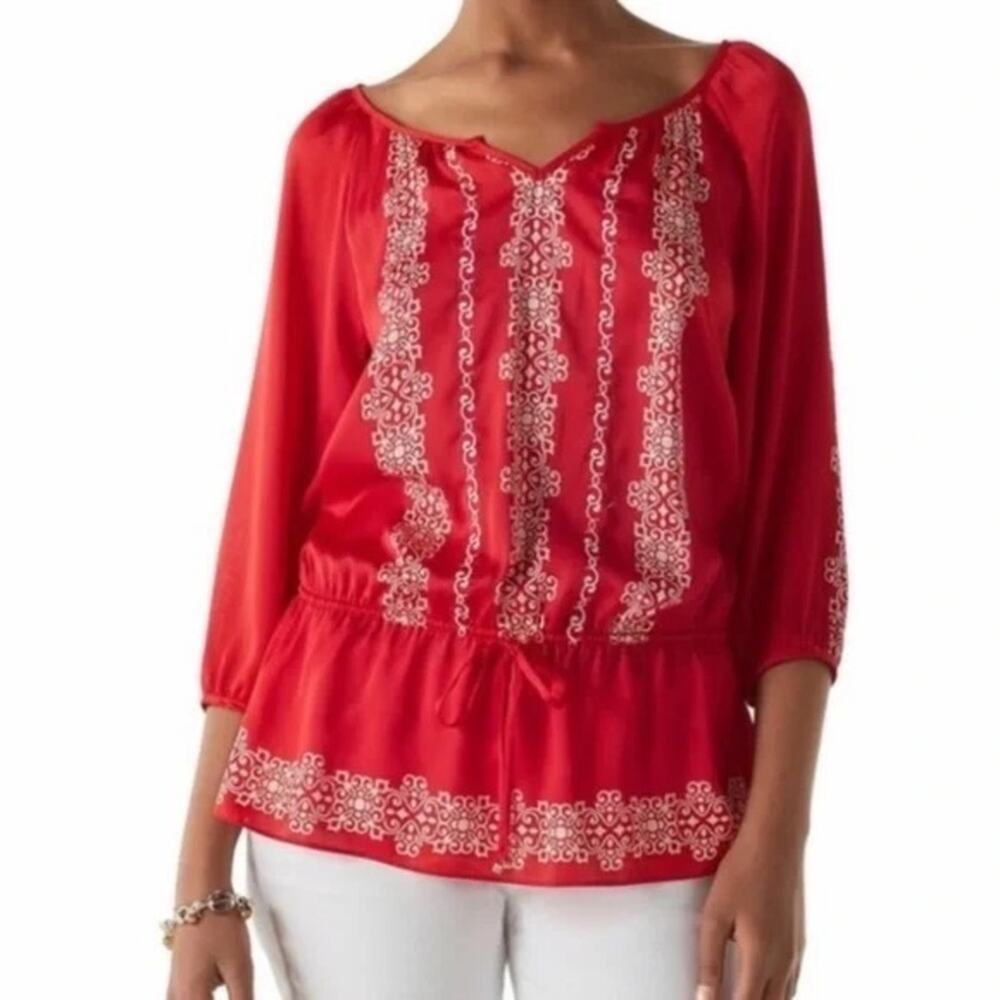 WHBM Red Embroidered Silky Peplum Blouse Size 8